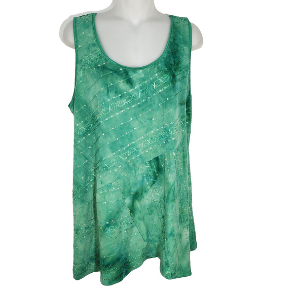 Dressbarn Top Women's Green 1X Sleeveless Embroidered Sequins Asymmetrical Boho - Picture 1 of 11
